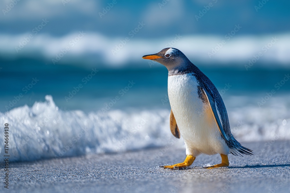 Fototapeta premium Gentoo Penguin Walking on Sandy Beach Shoreline bird