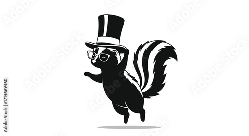 A dapper skunk wearing a top hat and spectacles is joyfully dancing.
