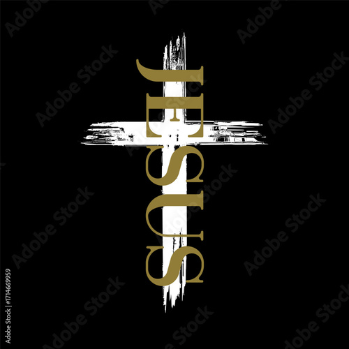 Jesus - inscription with silhouette grunge cross. Christian creative typography t-shirt design for church merch or youth apparel. Vector illustration