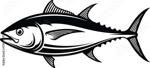 Tuna fish vector illustration, black and white silhouette, ocean seafood drawing, stylized marine animal, fishing art, editable outline, commercial use