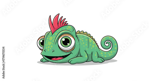 A cute cartoon chameleon with a pink mohawk and big eyes is smiling.