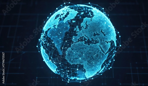 A digital globe rendered in blue is networked with white nodes and lines over a dark background