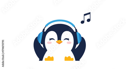 A cute penguin wearing headphones and listening to music.
