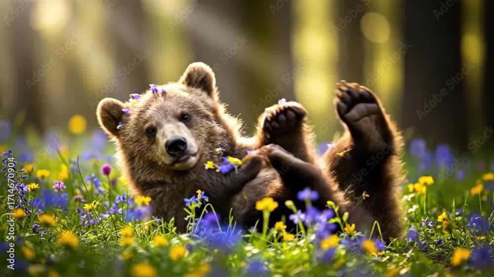 A cute bear cub playfully rolls in a sun-drenched meadow filled with ...