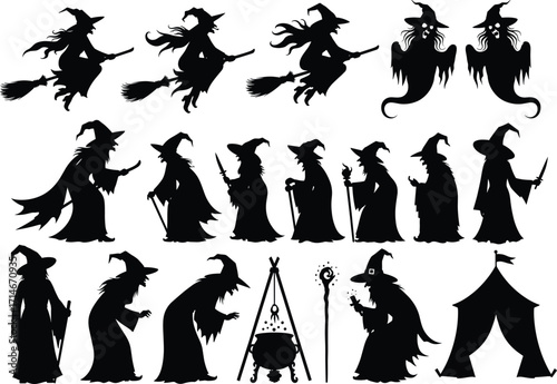 Witch silhouette vector collection, flying witches, magical staff, cauldron, spell casting, Halloween theme, fantasy illustration, spooky elements, black figures, mystic icons