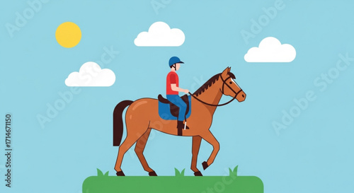 Horseback riding illustration of a man riding a horse in a sunny landscape vector graphic design art
