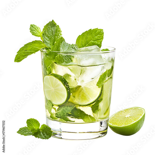 Refreshing mojito cocktail with lime and mint isolated on transparent background