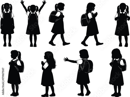 Young girl silhouette vector, backpack child poses, schoolgirl actions, standing, walking, clapping, raising hands, cartoon character, black isolated illustration