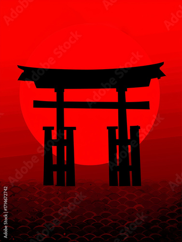 Torii gate silhouette with red sun background, Japan