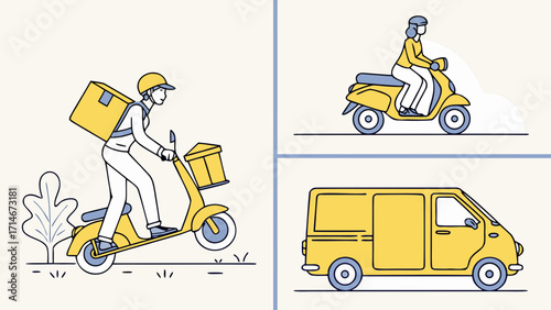 Delivery services using scooters and vans with yellow boxes