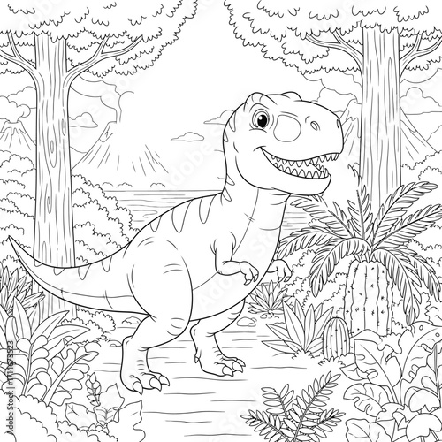 Cute Cartoon T-Rex Dinosaur in Prehistoric Jungle Landscape - Fun Coloring Book Page for Kids and Toddlers