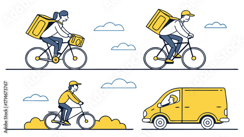 Delivery people on bicycles and in a van