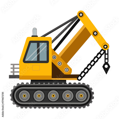 Trenching machine with a chain and articulated arm in yellow  
