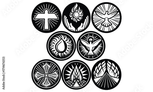 Spiritual Symbols Dove, Flames, and Light in Circular Emblems