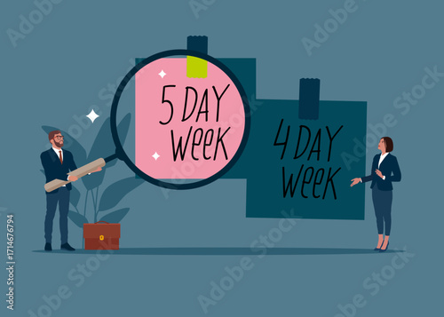 Businessman holding a magnifying glass analyzing notes 4 or 5 Day Work Week. Make company 5 day work week. Flat vector illustration.