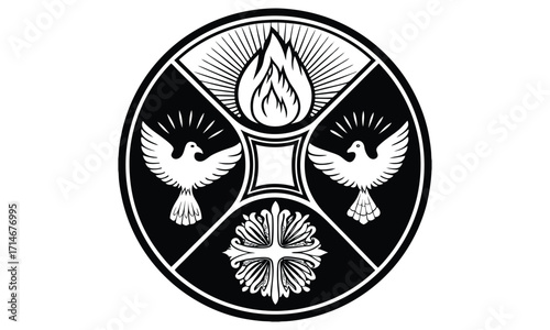 Spiritual Symbols Dove, Flames, and Light in Circular Emblems