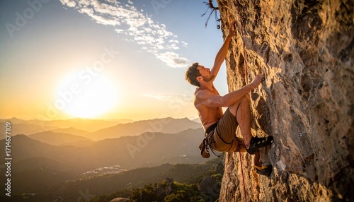 Athletic advanced specialized gear wall climbing rock using bouldering techniques man steep climbing