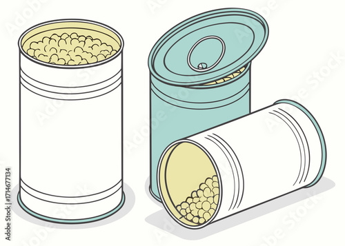 Three cans of food with one open and one lying down
