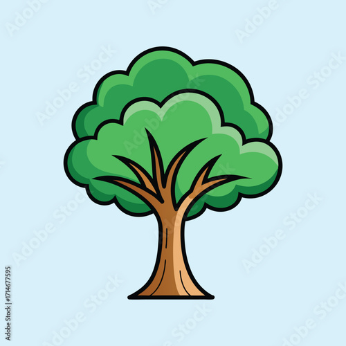 Isolated tree with lush green foliage against a light blue background illustration