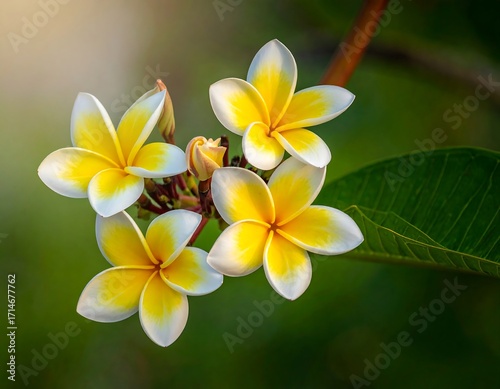 Close-up of vibrant yellow and white plumeria blossoms