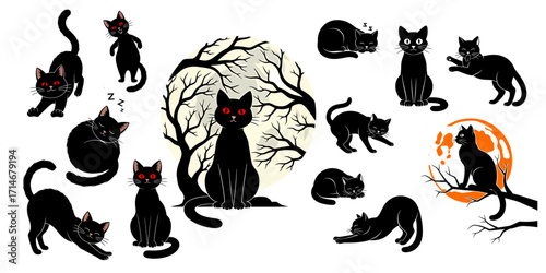 Halloween Black Cat Silhouettes in Various Poses Against a Spooky Moon and Tree