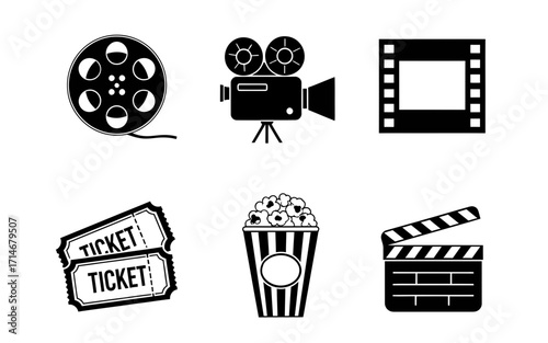 Black and White Movie Icons Film Reel Camera Strip Tickets Popcorn Clapperboard