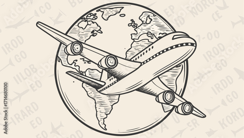 Illustration of a commercial airplane flying across a globe with continents and hatch shading style art