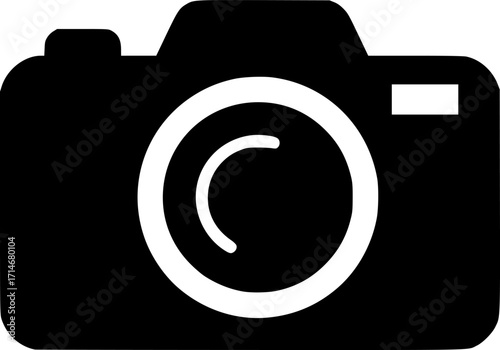 minimalist black and white drawing of a camera icon, simple design, clean lines, vector illustration, graphic symbol, modern art