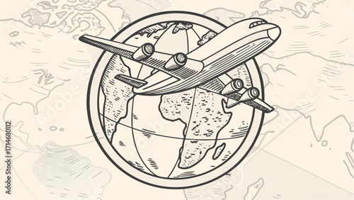 Illustration of a jet airplane flying over a globe with a world map background in a vintage style