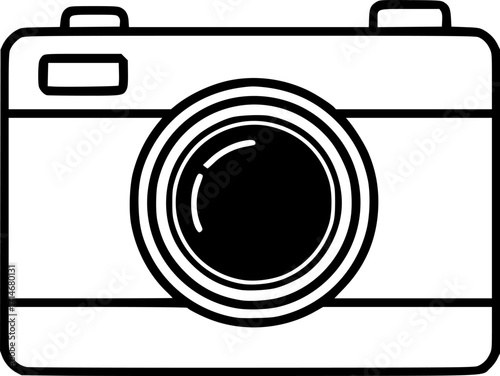 minimalist black and white drawing of a camera icon, simple design, clean lines, vector illustration, graphic symbol, modern art