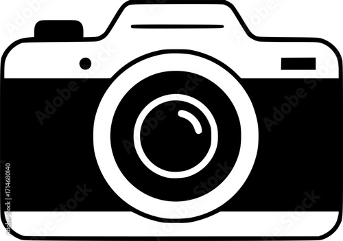 minimalist black and white drawing of a camera icon, simple design, clean lines, vector illustration, graphic symbol, modern art