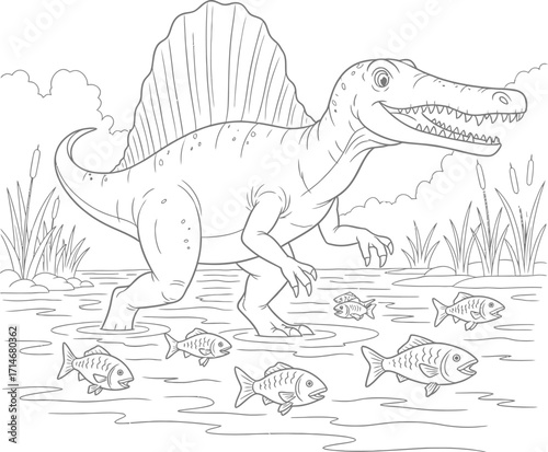 Happy Cartoon Spinosaurus Dinosaur Fishing in a Swamp - Fun Coloring Book Page for Kids and Dinosaur Fans