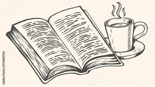 An open book with visible pages accompanied by a steaming cup of coffee on a saucer illustration