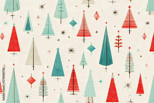 christmas pattern with repeating trees stars and diamonds in festive red muted teal and ivory colors minimal mid century modern retro holiday design on white background