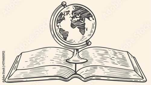 An open book with detailed line work and a globe resting on top, creating a scholarly and educational image