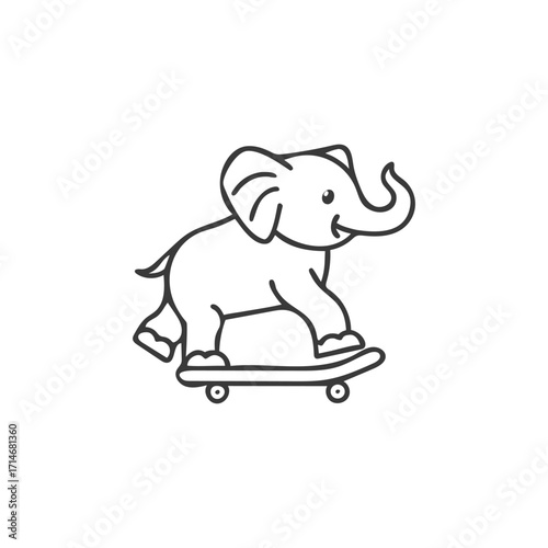 Cute cartoon elephant riding a skateboard with a playful expression