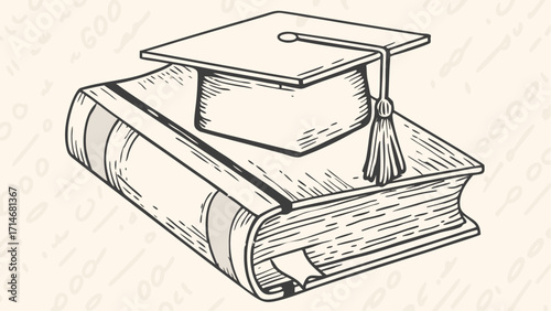 A book with a graduation cap on top of it in a black and white drawing style with tassel detail shown