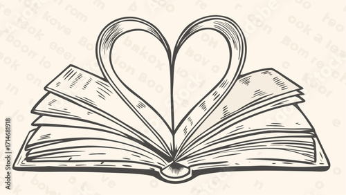 Open book with pages forming a heart shape in a black and white illustration style drawing design