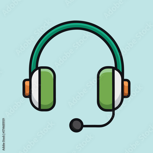 Green and White Headset with Microphone on a Teal Background Illustration
