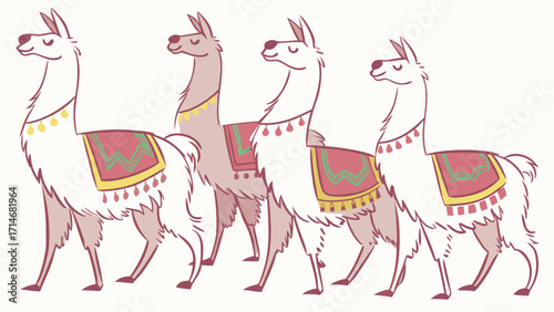 Four stylized llamas in a row with colorful blankets