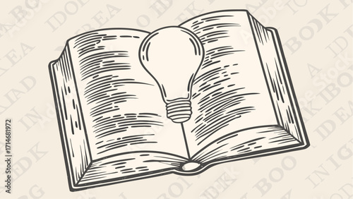 Illustration of an open book with a lightbulb hovering above it representing ideas and knowledge growth