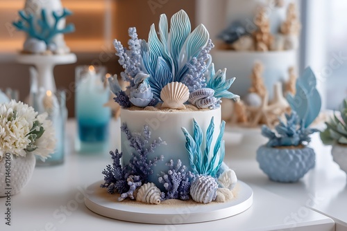 An ocean-themed birthday with a cake featuring edible seaweed and seashells, set against a beach-inspired backdrop for a vibrant atmosphere