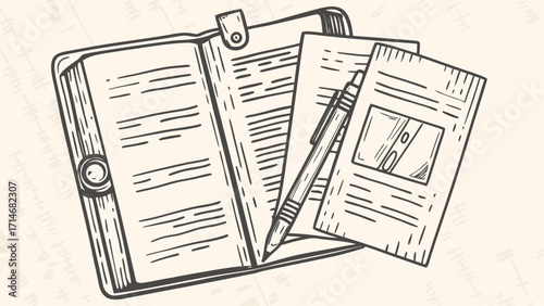A sketch of an open notebook with a button closure next to a pen and a small notepad on a light background