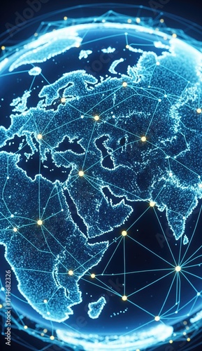 Bluelit globe projection with visible continents  network of lines  yellow nodes digital representation