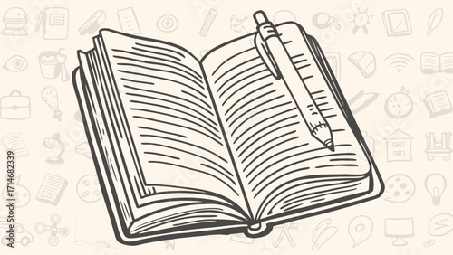 An open notebook with blank pages and a pen resting on top, surrounded by doodle style icons in the background