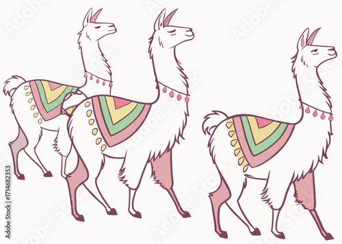 Three stylized llamas with colorful blankets and adornments