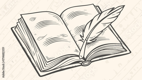Illustration of an open book with a feather quill resting on its pages in a simple line drawing style
