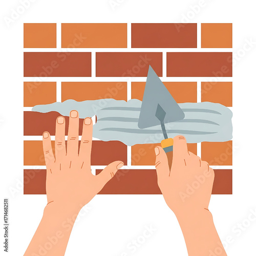Bricklayer hands building a wall with trowel and mortar construction