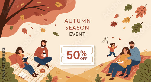 Autumn season event promotion featuring families enjoying a picnic in a park.