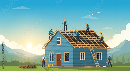 Construction workers building a house roof on a sunny day with mountains background